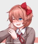  1boy 1girl :d blush bow brown_hair collared_shirt commentary disco_brando doki_doki_literature_club eyebrows_visible_through_hair grey_background hair_between_eyes hair_bow hand_on_another&#039;s_cheek hand_on_another&#039;s_face happy highres holding_arm long_sleeves neck_ribbon one_eye_closed open_mouth petting red_bow red_ribbon ribbon sayori_(doki_doki_literature_club) school_uniform shirt simple_background smile solo_focus twitter_username 