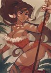  1girl bare_shoulders breasts brown_eyes cleavage dark_skin facepaint forehead_jewel iahfy jewelry league_of_legends lips long_hair medium_breasts necklace nidalee polearm ponytail red_eyes solo spear thighs toned tooth_necklace tribal weapon 