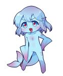  1girl :d bangs blue_eyes blue_hair blue_sclera blue_skin chibi eyebrows_visible_through_hair fang fish_tail full_body gills gradient_hair hand_on_hip head_fins kamaboko_(mato225) legs_apart looking_at_viewer monster_girl multicolored_hair no_feet no_hands open_mouth original pink_hair red_pupils short_hair simple_background smile solo standing tail white_background 