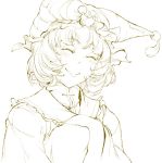  1girl blush closed_eyes commentary_request eyebrows_visible_through_hair hands_together hands_up hat hiyuu_(flying_bear) long_sleeves looking_at_viewer pillow_hat short_hair sketch smile solo tabard tongue tongue_out touhou upper_body yakumo_ran 