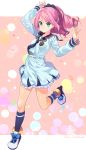  1girl aikatsu! aikatsu_stars! arms_up bangs black_legwear black_neckwear blue_eyes bow closed_mouth dress drill_hair eyebrows_visible_through_hair frilled_dress frills full_body highres kerorira leg_up long_hair long_sleeves looking_at_viewer necktie outside_border pink_background pink_hair polka_dot polka_dot_background sailor_dress sakuraba_rola scrunchie shoe_bow shoes short_dress smile socks solo standing standing_on_one_leg white_dress white_footwear 