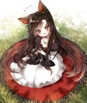  1girl animal_ears blush brown_hair dress fidgeting fingernails flying_sweatdrops imaizumi_kagerou long_fingernails long_hair long_sleeves looking_at_viewer nail_polish on_grass outdoors piyokichi red_eyes red_nails sitting smile solo touhou wolf_ears 