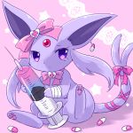  bandage bow cross earrings espeon forehead_jewel forked_tail heart holding jewelry kemoribon looking_at_viewer no_humans paws pill pink_background pink_bow pink_neckwear pokemon sitting star syringe tail tears violet_eyes 