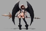  1girl angel bangs black_footwear black_gloves black_hair black_legwear black_panties black_wings blunt_bangs boots brown_eyes closed_mouth commentary contrapposto cross feathered_wings fingerless_gloves full_body fur-trimmed_boots fur_trim gloves grey_background highres holding holding_weapon hood hood_up hooded_robe jungon_kim lipstick long_hair looking_at_viewer makeup navel panties photoshop polearm red_lipstick robe short_sleeves solo spear standing thigh-highs underwear weapon wings 
