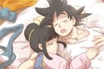  1boy 1girl bed black_hair chi-chi_(dragon_ball) chinese_clothes closed_eyes couple dragon_ball dragonball_z eyebrows_visible_through_hair hand_on_another&#039;s_chest happy miiko_(drops7) open_mouth pillow shirt sleeping smile son_gokuu spiky_hair tied_hair white_shirt wristband 