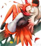  1girl artist_name autumn_leaves ayano_hinana bird_tail black_hair commentary eyebrows_visible_through_hair falling_leaves feathered_wings frilled_sleeves frills fur_collar gloves gradient_hair head_wings japanese_crested_ibis_(kemono_friends) kemono_friends leaf long_hair long_sleeves looking_at_viewer looking_up multicolored_hair pantyhose parted_lips pleated_skirt red_gloves red_legwear red_skirt redhead shoes sitting skirt solo white_background white_hair wide_sleeves wings yellow_eyes 