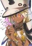 1girl artist_name blush breasts dark_skin eyebrows_visible_through_hair guilty_gear guilty_gear_xrd hat long_hair looking_at_viewer medium_breasts open_mouth orange_eyes ramlethal_valentine solo tansan_daisuki translation_request under_boob upper_body white_hair white_hat 