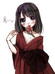  1girl bangs black_hair blush eyebrows_visible_through_hair food food_on_body hair_ornament hairclip hand_up happy japanese_clothes kamaboko_(mato225) kimono long_hair long_sleeves long_tongue looking_at_viewer obi off_shoulder original popsicle prehensile_tongue red_kimono sash simple_background single_bare_shoulder smile solo sweat tongue tongue_out upper_body violet_eyes white_background wide_sleeves 