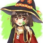  1girl blush brown_hair cape clover dress four-leaf_clover hat kono_subarashii_sekai_ni_shukufuku_wo! megumin red_dress red_eyes short_dress short_hair smile solo witch_hat 