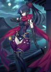  1girl architecture bangs black_bodysuit black_hair bodysuit breasts building clouds east_asian_architecture fate/grand_order fate_(series) full_moon kato_danzo_(fate/grand_order) long_hair medium_breasts moon mountain navel official_art ponytail red_scarf river robot_joints scarf standing star_(sky) yangsion yellow_eyes 