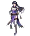  1girl armor armored_boots armored_dress ayra_(fire_emblem) belt belt_buckle belt_pouch black_hair boots breastplate closed_mouth dress earrings elbow_gloves female fire_emblem fire_emblem_heroes full_body gloves hair_between_eyes highres jewelry long_hair official_art pauldrons sheath sheathed shoulder_armor side_slit simple_background solo standing sword thigh-highs thigh_boots thighhighs transparent_background weapon 