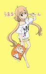  1girl ahoge bangs bare_legs barefoot bike_shorts blonde_hair blush breasts brown_eyes closed_mouth clothes_writing collarbone commentary_request cosplay doma_umaru eyebrows_visible_through_hair futaba_anzu futaba_anzu_(cosplay) hair_between_eyes hair_tie hamster_hood himouto!_umaru-chan holding idolmaster idolmaster_cinderella_girls komaru long_hair looking_at_viewer low_twintails nekonopapa oversized_clothes shirt short_sleeves sidelocks simple_background small_breasts smile solid_circle_eyes solo striped striped_bike_shorts stuffed_toy t-shirt twintails v very_long_hair yellow_background 
