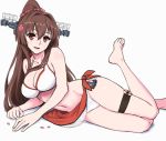  1girl bikini breasts brown_hair cherry_blossoms cleavage headgear highres kantai_collection large_breasts long_hair looking_at_viewer lying navel on_side open_mouth ponytail red_eyes sarong shingyo simple_background smile solo swimsuit thigh_strap white_background white_bikini yamato_(kantai_collection) 