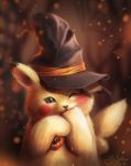  autumn black_eyes black_hat blurry blurry_background depth_of_field fur half-closed_eye halloween_costume hat looking_at_viewer no_humans pikachu pokemon pokemon_(creature) realistic sandra_winther signature upper_body whiskers witch_hat 