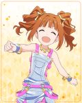  1girl artist_request bangs bare_shoulders belt blunt_bangs bracelet choker closed_eyes collarbone curly_hair hair_ornament idolmaster idolmaster_million_live! idolmaster_million_live!_theater_days jewelry million_dreams official_art open_mouth orange_hair sleeveless smile solo star star_hair_ornament takatsuki_yayoi twintails yellow_background 