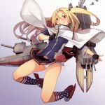  1girl american_flag_legwear azur_lane bangs black_skirt blonde_hair brown_eyes capelet cleveland_(azur_lane) eyebrows_visible_through_hair fingerless_gloves fu-ta gloves gradient gradient_background grin kneehighs legs_apart looking_at_viewer miniskirt one_side_up panties parted_bangs pleated_skirt rigging side-tie_panties skirt smile solo striped striped_legwear teeth turret underwear white_panties 