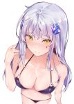  1girl bangs bikini black_bikini blunt_bangs blush breasts cleavage closed_mouth collarbone eyebrows_visible_through_hair facial_mark from_above girls_frontline green_eyes hair_ornament hand_up highres hk416_(girls_frontline) hplay long_hair looking_at_viewer medium_breasts navel sidelocks silver_hair simple_background solo swimsuit teardrop wet white_background 