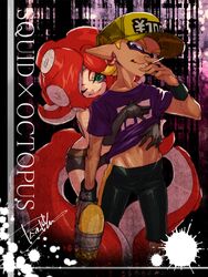  1boy 1girl armor artist_name baseball_cap bike_shorts black_gloves black_shorts blonde_hair camouflage_hat cigarette earrings english gloves hat holding holding_cigarette holding_weapon inkling isamu-ki_(yuuki) jewelry looking_at_viewer one_eye_closed original paint_splatter peeking_out purple_shirt redhead shirt shirt_lift short_hair short_sleeves shorts signature single_vertical_stripe smirk smoking splatoon splattershot_(splatoon) standing symbol-shaped_pupils t-shirt takozonesu tongue tongue_out weapon wristband yellow_hat yen_(isamu-ki) yen_sign 