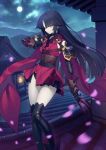 1girl architecture armor bangs black_hair clouds east_asian_architecture fate/grand_order fate_(series) full_moon holding holding_knife japanese_clothes kato_danzo_(fate/grand_order) kimono knife kunai long_hair looking_at_viewer moon mountain official_art petals red_kimono river short_kimono standing star_(sky) thigh-highs very_long_hair weapon yangsion yellow_eyes zettai_ryouiki 