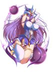  1girl armpits arms_behind_head arms_up asymmetrical_clothes breasts curvy familiar full_body hair_over_one_eye highres huge_breasts league_of_legends long_hair magical_girl parted_lips purple_hair smile solo star_guardian_syndra syndra tagme thigh_gap torahime_(roland00) very_long_hair violet_eyes white_background wide_hips 