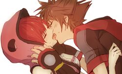  1boy 1girl blush breasts brown_hair cleavage couple french_kiss kairi_(kingdom_hearts) kingdom_hearts kingdom_hearts_iii kiss ramochi_(auti) redhead short_hair simple_background sora_(kingdom_hearts) white_background 