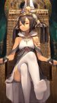  1girl absurdres bible_bullet black_hair chair choker closed_eyes egyptian_clothes feet fingerless_gloves gloves han-0v0 headdress highres horns legs_crossed long_hair no_shoes pout sitting soles solo thigh-highs 