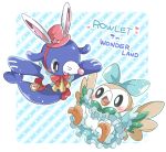  ajikan_(sabamiso) animal_ears bird black_eyes blue_background blush bow bowtie bright_pupils character_name clock clothed_pokemon english fake_animal_ears frills full_body hat heart mini_hat mini_top_hat no_humans outstretched_wings owl pink_hat pokemon pokemon_(creature) pokemon_(game) pokemon_sm popplio rabbit_ears red_bow red_neckwear rowlet seal striped striped_background top_hat 