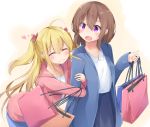  2girls :d ahoge arm_hug bag bangs blonde_hair blue_jacket blue_skirt blush bow brown_hair closed_eyes closed_mouth collarbone collared_shirt commentary_request dating eyebrows_visible_through_hair hair_between_eyes hair_bow heart holding_bag jacket kyuukon_(qkonsan) long_sleeves looking_at_another multiple_girls open_mouth original pink_bow pink_jacket shirt shopping_bag skirt smile two_side_up violet_eyes white_shirt yuri 