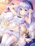  1girl :o bare_arms bare_shoulders bed beret blue_eyes blue_hair blue_hat blush bow bow_panties breasts carrot clock commentary cup day eyebrows_visible_through_hair feet_out_of_frame gochuumon_wa_usagi_desu_ka? hair_between_eyes hair_ornament hand_behind_head hands_up hat hitsukuya indoors kafuu_chino legs_together long_hair looking_at_viewer lying on_back on_bed pajamas panties parted_lips pillow rabbit small_breasts stuffed_animal stuffed_toy thigh-highs tippy_(gochiusa) tray underwear white_legwear x_hair_ornament 