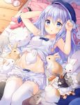  1girl :o alarm_clock angora_rabbit animal anko_(gochiusa) bangs bare_arms bare_shoulders bed beret bloomers bloomers_pull blue_bow blue_eyes blue_hair blue_hat blush bow breasts carrot checkerboard_cookie chestnut_mouth clock commentary_request cookie crown cup day eyebrows_visible_through_hair feet_out_of_frame food frills gochuumon_wa_usagi_desu_ka? hair_between_eyes hair_ornament hand_behind_head hands_up hat hitsukuya in_container in_cup indoors kafuu_chino legs_together long_hair looking_at_viewer lying on_back on_bed pajamas parted_lips pillow rabbit small_breasts stuffed_animal stuffed_bunny stuffed_toy thigh-highs tippy_(gochiusa) too_many too_many_bunnies tray underwear very_long_hair white_bloomers white_legwear wild_geese x_hair_ornament 