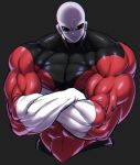  1boy alien angry bald black_background black_eyes bodysuit commentary cowboy_shot crossed_arms dragon_ball dragon_ball_super frown jiren looking_at_viewer muscle no_pupils simple_background space_jin 