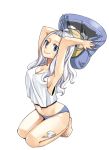  1girl arms_up bare_arms bare_legs bare_shoulders barefoot blue_eyes breasts cleavage fairy_tail feet full_body large_breasts laxus_dreyar leg_tattoo long_hair looking_at_viewer mashima_hiro mirajane_strauss navel no_bra panties pillow pillow_fight seiza sideboob simple_background sitting smile solo stomach tank_top tattoo underwear white_background white_hair 