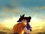  1boy 1girl back_turned black_hair chi-chi_(dragon_ball) chinese_clothes closed_eyes clouds cloudy_sky couple dougi dragon_ball dragonball_z kiss miiko_(drops7) sky son_gokuu spiky_hair star_(sky) sun sunlight sunset tied_hair wristband 