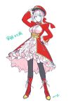  1girl ahoge amg_(nwmnmllf) bangs black_legwear blue_eyes boots closed_mouth commentary_request dress eyebrows_visible_through_hair fate/extra fate_(series) frilled_dress frills full_body hair_ribbon hand_on_headwear hand_on_hip looking_at_viewer pantyhose red_dress red_footwear red_ribbon ribbon saber_extra shirt signature simple_background smile smug solo standing translation_request white_background white_shirt 
