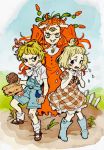 3girls blonde_hair blue_sky boots carrot clenched_hand clenched_teeth crying cuphead_(game) dress earthworm extra_eyes fence full_body genderswap genderswap_(mtf) gloves long_hair looking_at_viewer moe_tato multiple_girls oimo_(14sainobba) orange_hair overalls personification psycarrot puffy_short_sleeves puffy_sleeves ringed_eyes short_hair short_sleeves sky teeth weepy yellow_eyes 