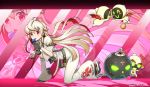  1girl all_fours artist_name black_gloves blonde_hair blush breasts candy character_request cleavage eyebrows_visible_through_hair food gloves guilty_gear_xrd_r2 large_breasts lollipop looking_at_viewer pink_background red_eyes tansan_daisuki tongue tongue_out 