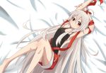  1girl ahoge bangs bare_legs bare_shoulders barefoot bed_sheet black_shirt breasts chiya_(urara_meirochou) closed_mouth collarbone commentary_request hair_between_eyes halter_top halterneck highres kaiven long_hair looking_at_viewer lying medium_breasts on_back orange_eyes red_skirt shirt silver_hair skirt sleeveless sleeveless_shirt smile solo urara_meirochou very_long_hair 