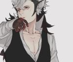  1boy animal_ears black_hair fire_emblem fire_emblem_if flannel_(fire_emblem_if) gloves grey_background long_hair male_focus multicolored_hair red_eyes scar simple_background solo tongue tongue_out two-tone_hair white_hair wolf_ears 