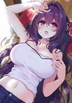  1girl ahoge bare_shoulders breasts cleavage cu-no glasses hisenkaede large_breasts long_hair nail_polish navel open_mouth original purple_hair solo violet_eyes 