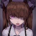  1girl bangs brown_hair hair_over_one_eye hair_ribbon hat himekaidou_hatate long_hair looking_at_viewer nose portrait purple_ribbon ribbon solo tokin_hat tongue tongue_out touhou violet_eyes vippest wing_collar 