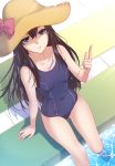  1girl blue_eyes blue_swimsuit brown_hair hat highres long_hair looking_at_viewer one-piece_swimsuit original pointing pointing_up pool sitting solo sun_hat swimsuit water zucchini 