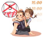  2girls ahoge akizuki_ritsuko barefoot blush braid brown_eyes brown_hair character_request chihaya_72 closed_eyes closed_mouth eyebrows_visible_through_hair facing_another fetal_position glasses hairband idolmaster long_hair looking_away multiple_girls short_hair sitting smile twin_braids wariza 