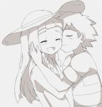  1boy 1girl cheek_kiss hat kiss kuriyama lillie_(pokemon) monochrome pokemon pokemon_(anime) pokemon_sm_(anime) satoshi_(pokemon) 