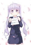  1girl blush eyebrows_visible_through_hair highres holding holding_sign long_hair long_sleeves looking_at_viewer new_game! purple_hair sign smile solo stick_jitb suzukaze_aoba translation_request twintails violet_eyes 
