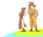  1boy 1girl artist_name black_eyes black_hair boots chi-chi_(dragon_ball) chinese_clothes couple dirty dirty_clothes dougi dragon_ball hands_together long_hair looking_at_another miiko_(drops7) open_mouth ponytail short_hair simple_background smile son_gokuu white_background wristband 
