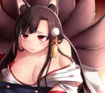  1girl akagi_(azur_lane) animal_ears azur_lane breasts brown_hair cleavage commentary_request hair_ornament japanese_clothes kimono large_breasts leaning_forward multiple_tails neit_ni_sei off_shoulder open_clothes open_kimono parted_lips red_eyes smile solo tail wolf_ears wolf_tail 
