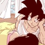  1boy 1girl back_turned bed_sheet black_eyes black_hair chi-chi_(dragon_ball) clouds cloudy_sky couple curtains dragon_ball happy looking_at_another looking_down lying miiko_(drops7) out_of_frame pink_shirt shirt sky smile son_gokuu white_shirt window 