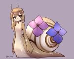  1girl antennae bangs brown_hair closed_mouth commentary_request dark_skin eyebrows_visible_through_hair flower_ornament full_body grey_eyes kamaboko_(mato225) long_hair looking_away looking_to_the_side monster_girl original purple_background shiny shiny_hair shiny_skin simple_background snail snail_girl snail_shell solo twitter_username 