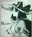  1girl artist_name black_hair dress hat iowa_(pacific) jeanex kantai_collection long_hair lowres monochrome pacific puffy_short_sleeves puffy_sleeves sailor_dress short_sleeves sun_hat traditional_media upper_body 