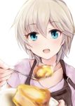  1girl alternate_costume anastasia_(idolmaster) blue_eyes blush commentary_request eyebrows_visible_through_hair feeding food hair_between_eyes idolmaster idolmaster_cinderella_girls looking_at_viewer nannacy7 open_mouth pov_feeding short_hair silver_hair solo spoon upper_body 